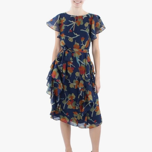 Ruffle trim navy background flower dress. - Picture 3 of 8